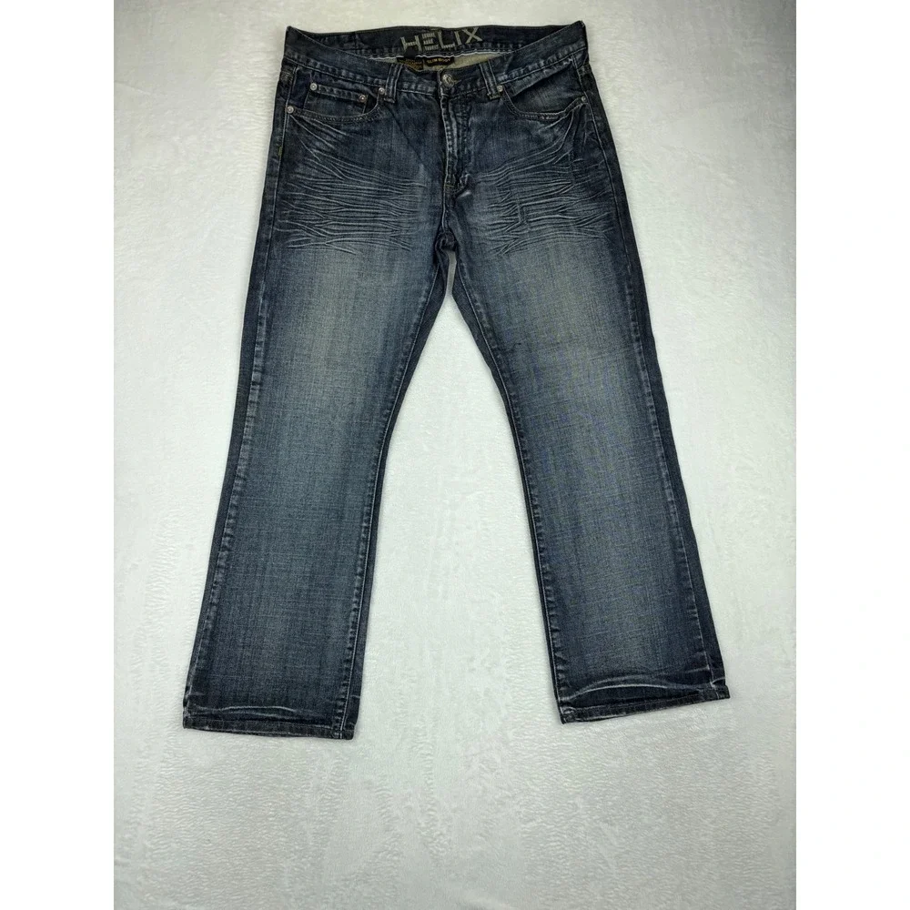Helix Slim Mens 34x30 Bootcut Jeans Dark Wash Distress Embroidered  Cross Pocket